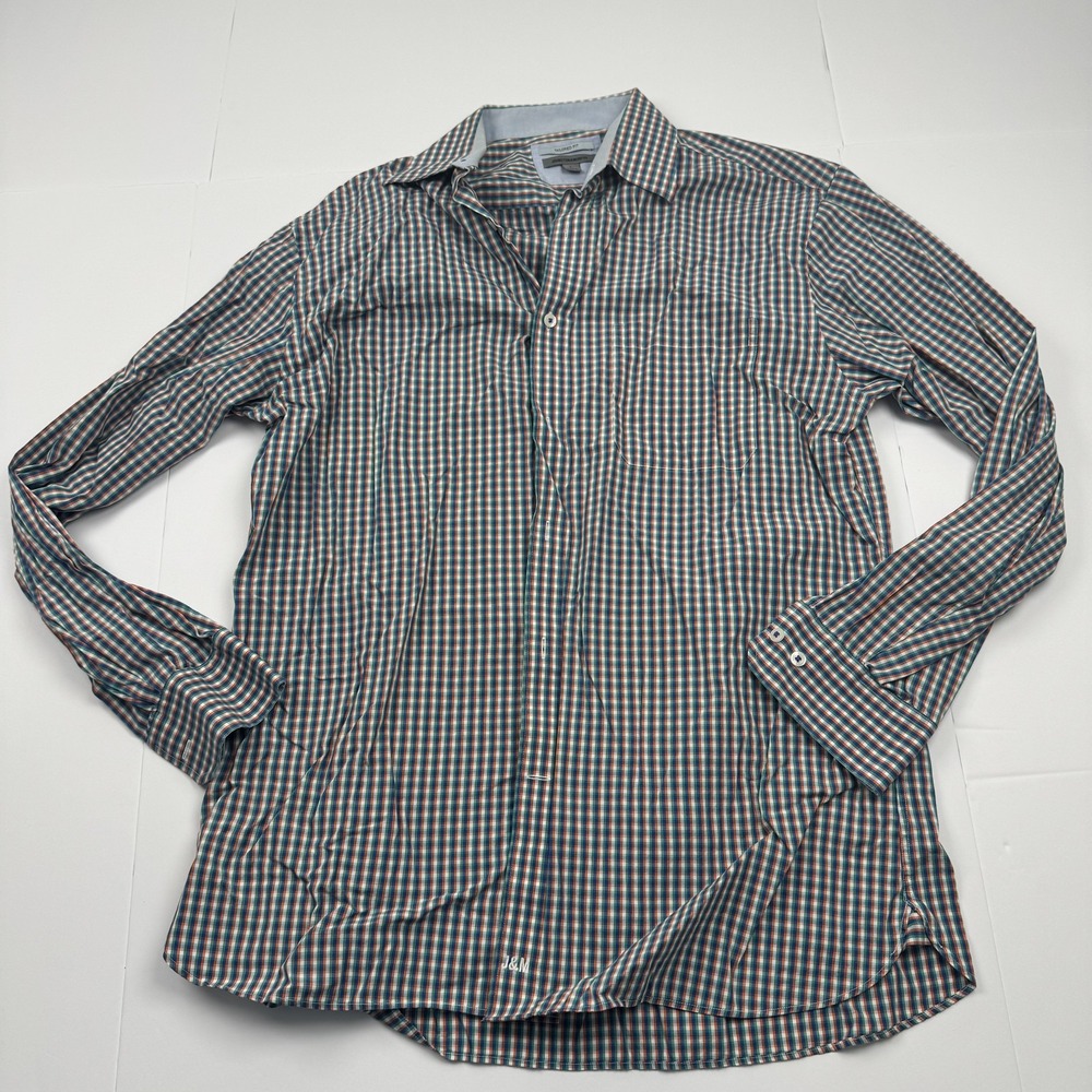 Johnston & Murphy Mens Large Plaid Tailored Fit Embroidered Dress Shirt Blue